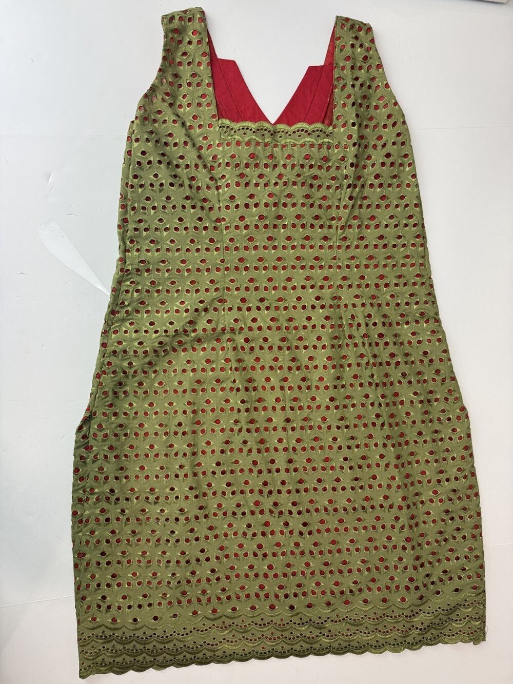 Handmade Boho Olive Green Eyelet Dress Scalloped Red Accent Embroidered Small